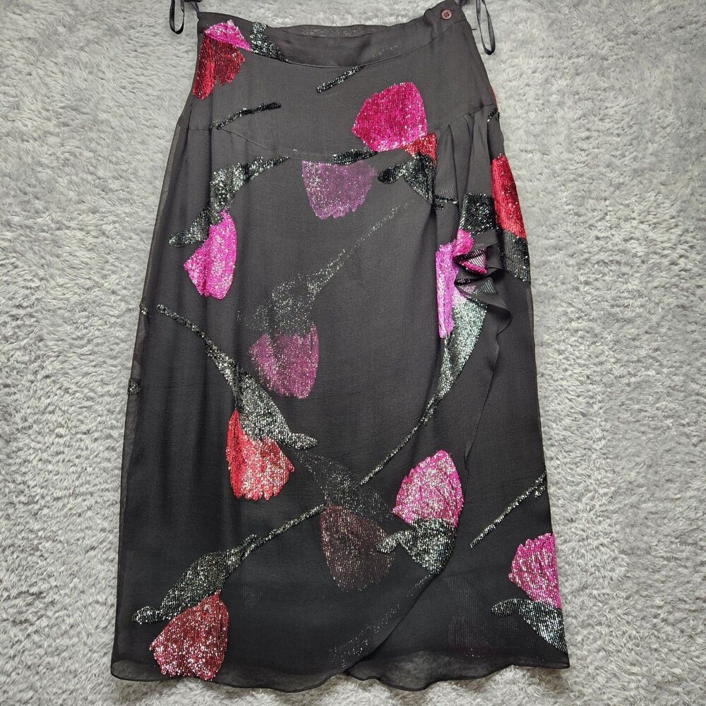 The Silk Farm Vintage Black Floral Skirt Size 4 Silk Sequin Romantic Dancing